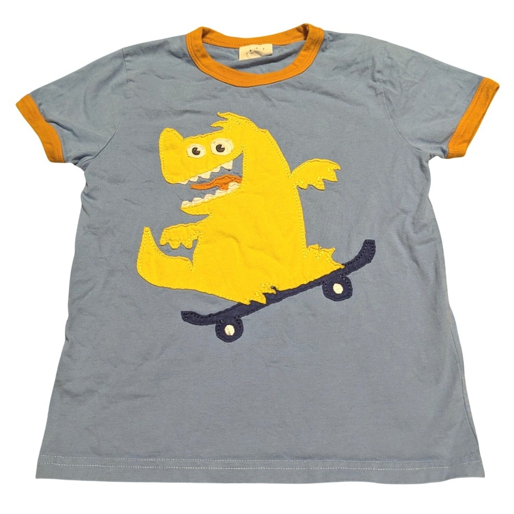 Mini Boden Boys Blue Ringer Tee Dinosaur Monster Skateboard Applique Shirt 5-6Y
